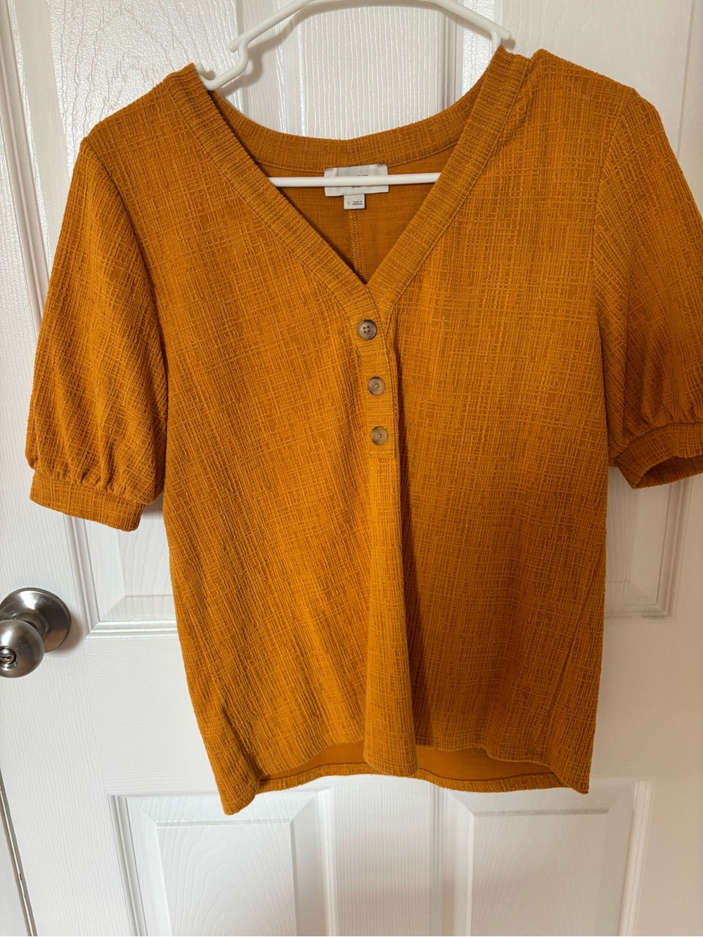 LOFT Mustard V-Neck Short Sleeve Top with Front Buttons